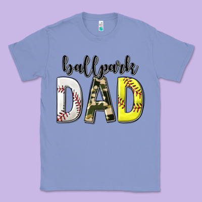 Classic Tee ballpark dad with softball and baseball