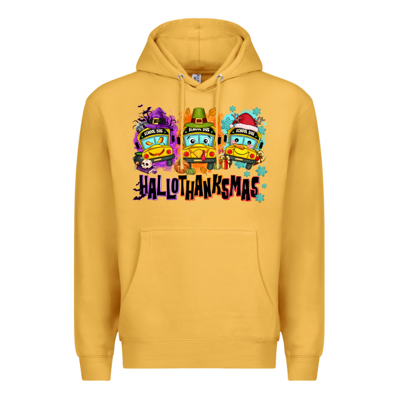 Happy Hallothanksmas School Bus Premium Hoodie by NancyCooperArtShop | Teevron
