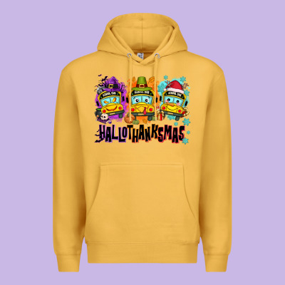 Happy Hallothanksmas School Bus Premium Hoodie Designed By Nancycooperartshop