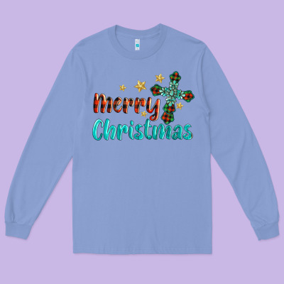 Merry Christmas Turquoise Gemstones Cross Long Sleeve Tee Designed By Barkaloodesign