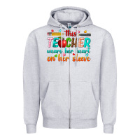 Heather Grey this teacher wears her heart on her sleeve Zipper Hoodie - texasbilliewilder