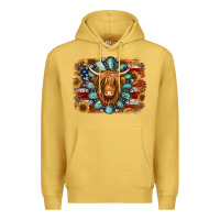 Antique Gold american flag sunflowers highland cow turquoise background Premium Hoodie - Jasminsmagicworld