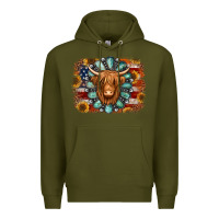 Army Green american flag sunflowers highland cow turquoise background Premium Hoodie - Jasminsmagicworld