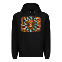 Black american flag sunflowers highland cow turquoise background Premium Hoodie - Jasminsmagicworld