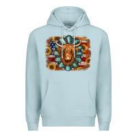 Blue Mist american flag sunflowers highland cow turquoise background Premium Hoodie - Jasminsmagicworld