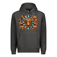 Charcoal Heather american flag sunflowers highland cow turquoise background Premium Hoodie - Jasminsmagicworld