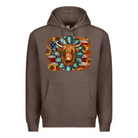 Coffee american flag sunflowers highland cow turquoise background Premium Hoodie - Jasminsmagicworld
