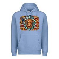Colony Blue american flag sunflowers highland cow turquoise background Premium Hoodie - Jasminsmagicworld
