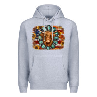 Heather Grey american flag sunflowers highland cow turquoise background Premium Hoodie - Jasminsmagicworld