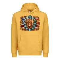 Mustard american flag sunflowers highland cow turquoise background Premium Hoodie - Jasminsmagicworld