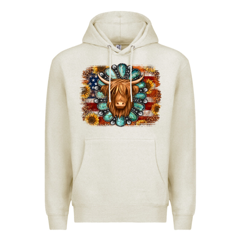 American Flag Sunflowers Highland Cow Turquoise Background Premium Hoodie by Jasminsmagicworld | Teevron