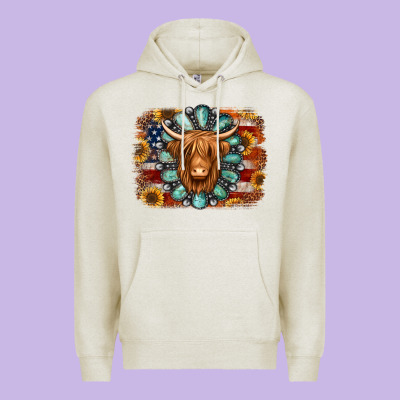 American Flag Sunflowers Highland Cow Turquoise Background Premium Hoodie Designed By Jasminsmagicworld