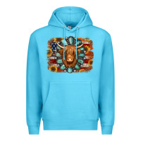 Ocean Blue american flag sunflowers highland cow turquoise background Premium Hoodie - Jasminsmagicworld