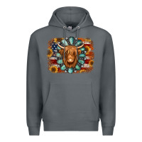 Rock american flag sunflowers highland cow turquoise background Premium Hoodie - Jasminsmagicworld