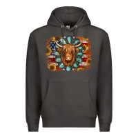 Smoke american flag sunflowers highland cow turquoise background Premium Hoodie - Jasminsmagicworld