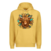 Antique Gold highland cow turquoise sunflower Premium Hoodie - Jasminsmagicworld