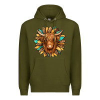 Army Green highland cow turquoise sunflower Premium Hoodie - Jasminsmagicworld