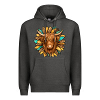 Charcoal Heather highland cow turquoise sunflower Premium Hoodie - Jasminsmagicworld