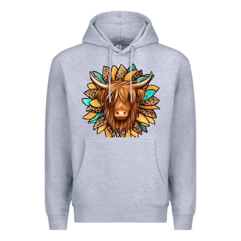 Highland Cow Turquoise Sunflower Premium Hoodie by Jasminsmagicworld | Teevron