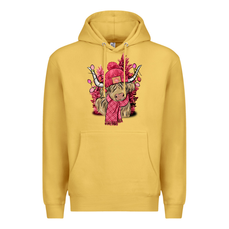 Pink Winter Long Haired Cow Premium Hoodie by NancyCooperArtShop | Teevron