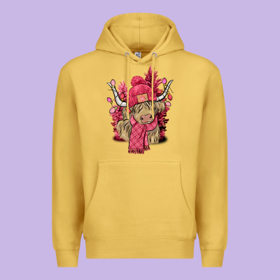 Pink Winter Long Haired Cow Premium Hoodie Designed By Nancycooperartshop