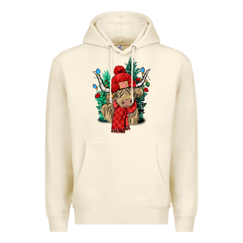 Red Christmas Long Haired Cow Premium Hoodie by NancyCooperArtShop | Teevron