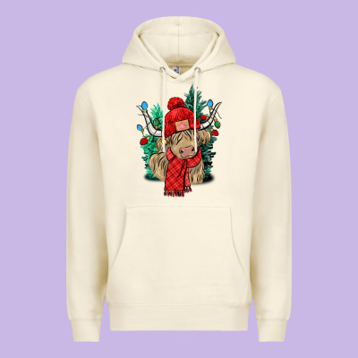 Red Christmas Long Haired Cow Premium Hoodie Designed By Nancycooperartshop