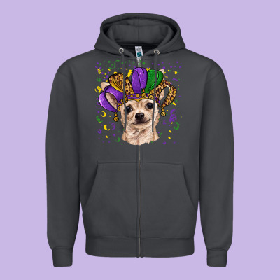 Zipper Hoodie mardi gras hat chihuahua