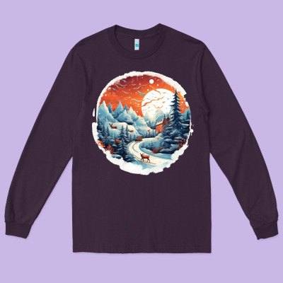 Deer Snow House Design Long Sleeve Tee Designed By Unal Design