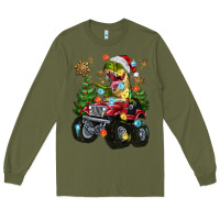 Army Green Christmas T-rex With Monster Truck Long Sleeve Tee - MaliasSmallBusiness