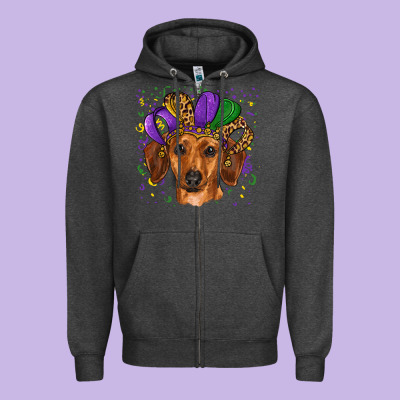 Zipper Hoodie mardi gras hat dachshund