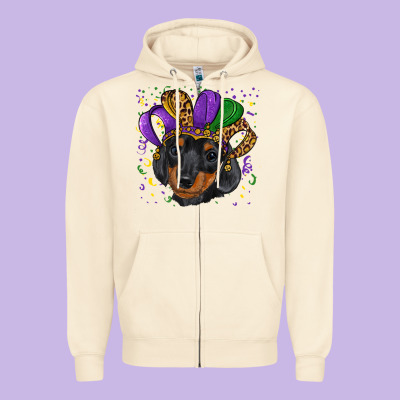 Zipper Hoodie mardi gras hat dachshund puppy