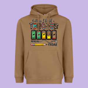 Battery Life Of A Teacher Monday Friday Heavyweight Hoodie Designed By Cowhidedigitalart