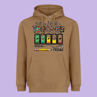 Battery Life Of A Teacher Monday Friday Heavyweight Hoodie Designed By Cowhidedigitalart