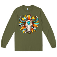 Army Green Western bull skull sunflower Long Sleeve Tee - MaliasSmallBusiness