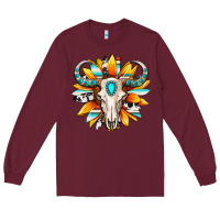 Burgundy Western bull skull sunflower Long Sleeve Tee - MaliasSmallBusiness