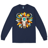 Navy Western bull skull sunflower Long Sleeve Tee - MaliasSmallBusiness