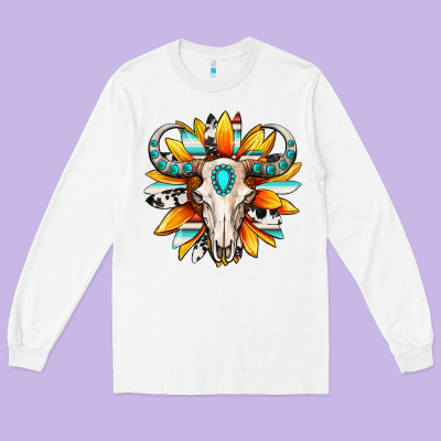Long Sleeve Tee Western bull skull sunflower