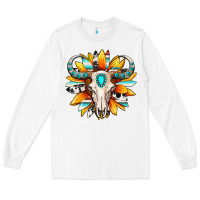White Western bull skull sunflower Long Sleeve Tee - MaliasSmallBusiness