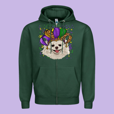 Zipper Hoodie mardi gras hat white pomeranian