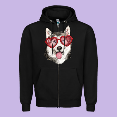 Zipper Hoodie husky with love glasses