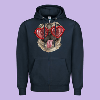 Zipper Hoodie pug with love glasses