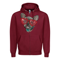 Burgundy french bulldog with love glasses Zipper Hoodie - RanaPortraitStore
