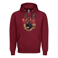 Burgundy german shepherd with love glasses Zipper Hoodie - RanaPortraitStore