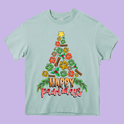 Paw Print Christmas Tree Heavy Core Tee Designed By Cowhidedigitalart