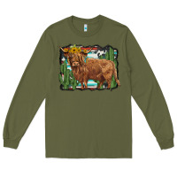 Army Green western cactus highland cow Long Sleeve Tee - BarkalooDesign