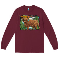 Burgundy western cactus highland cow Long Sleeve Tee - BarkalooDesign