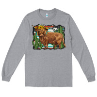 Heather Grey western cactus highland cow Long Sleeve Tee - BarkalooDesign