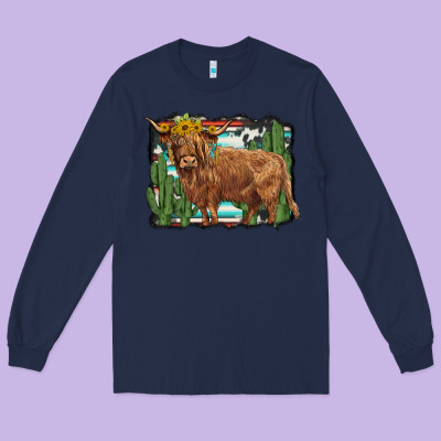 Western Cactus Highland Cow Long Sleeve Tee Designed By Barkaloodesign