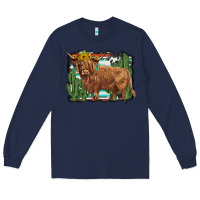 Navy western cactus highland cow Long Sleeve Tee - BarkalooDesign